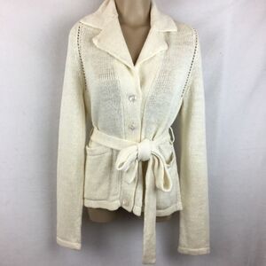 Cassin 100% Linen Ivory Woven Long Sleeve Belted Cardigan Sweater M